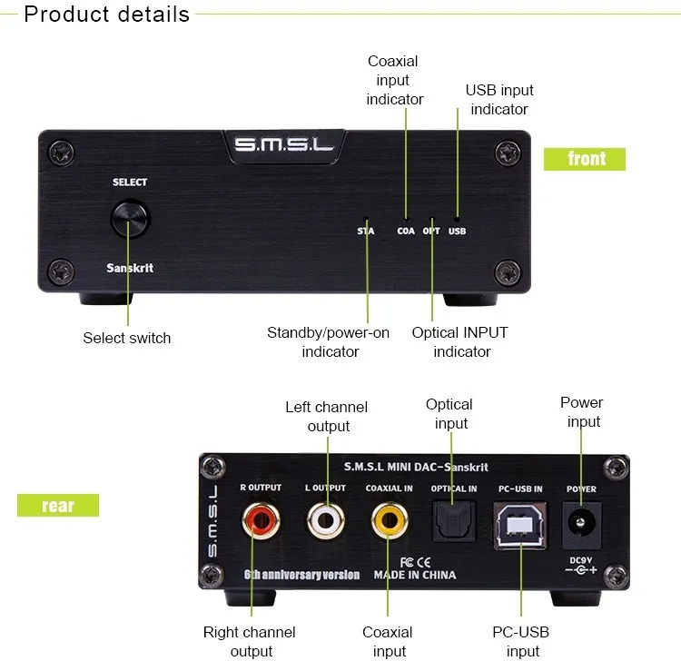 SMSL Latest 6th Sanskrit USB DAC 32BIT192Khz Coaxial SPDIF Optical Hifi Audio Amplifier Decoder New Version With Power Adapter