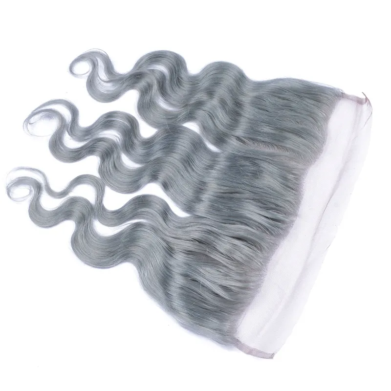 Virgin Peruvian Human Hair Silver Grey Lace Frontal Stängning Blekt Knots Kroppsvåg 13x4 Full Lace Frontal Hårstycken Ren grå färg