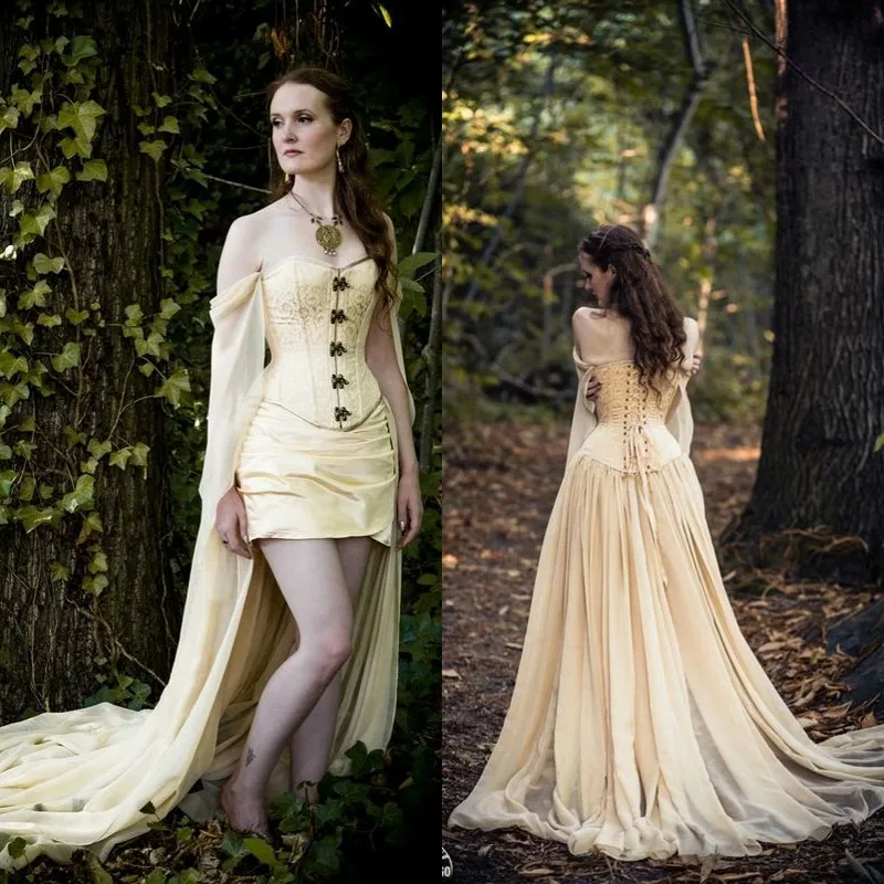 Medieval Renaissance Sweetheart hippie wedding dress in Light Gold Champagne with Long Sleeves and Chiffon High Low Hemline - EN10920