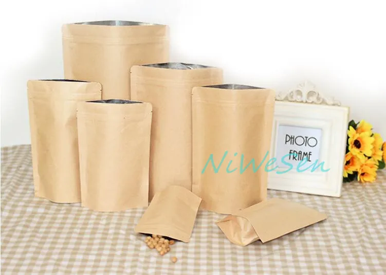 100 stks / pak Stand Up 18x26 + 4 cm Binnen Aluminium Plating Kraft Papieren Bag-Resealable Ziplock Pouch, Bean Product Verpakking Craft Pocket