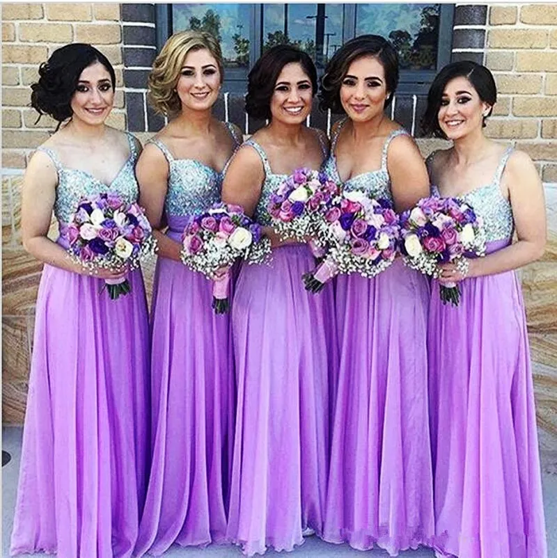 Purple Bridesmaid Dresses A Line Spaghetti Strap Beaded Sequined Chiffon Wedding Guest Dress Long Pleats Zipper Cheap Party Gowns