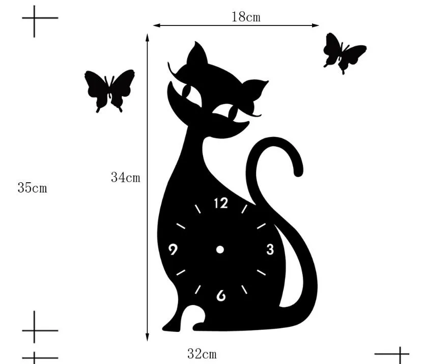 Bricolage miroir horloge murale chambre salon horloge murale muet cloche dessin animé mignon chat noir Stickers muraux