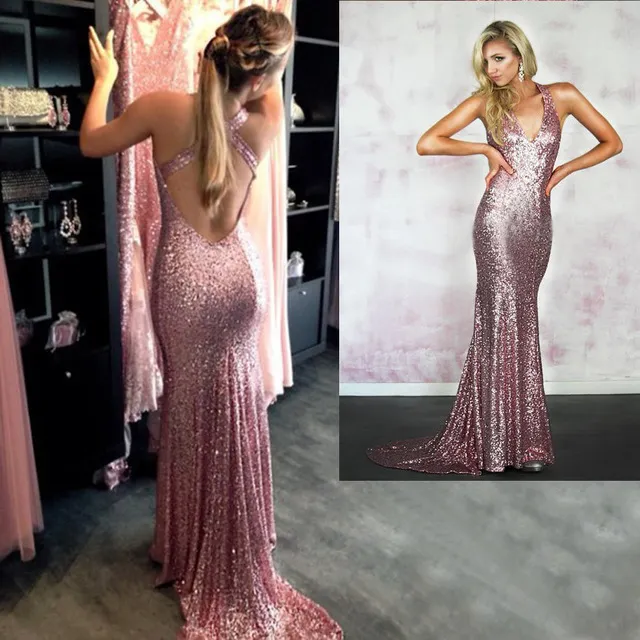 Suknie musujące Cekiny Prom Dresses Sexy Backless Glitter Mermaid Evening Party Dresses Otwórz Wróć V Neck z Cross Straps Party Suknie