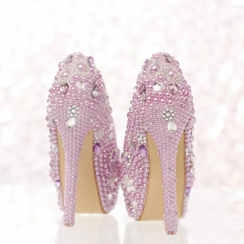 Belle lavande violet perle chaussures de mariée événement spécial fête talons hauts femmes robe de bal chaussures magnifiques strass pompes