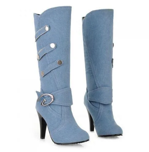 Сексуальные джинсовые сапоги больших размеров, ковбойские сапоги для женщин, модные сапоги в стиле панк на высоком каблуке, женские сапоги Chaussure Femme Botte NXZ166