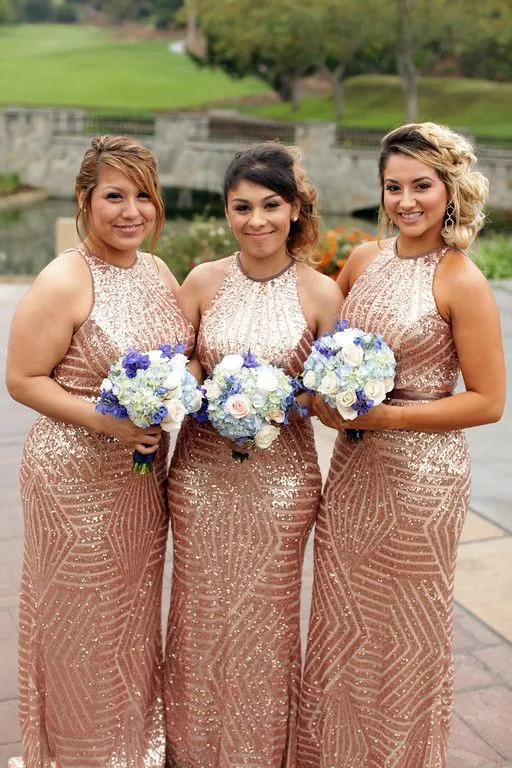 Robes à paillettes en or Rose, col licou, longues, ligne A, demoiselle d'honneur, charmante robe de demoiselle d'honneur de jardin de campagne