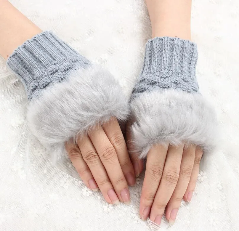 Women Girl Knitted Faux Rabbit Fur gloves Mittens Winter Arm Length Warmer outdoor Fingerless Gloves colorful XMAS gifts