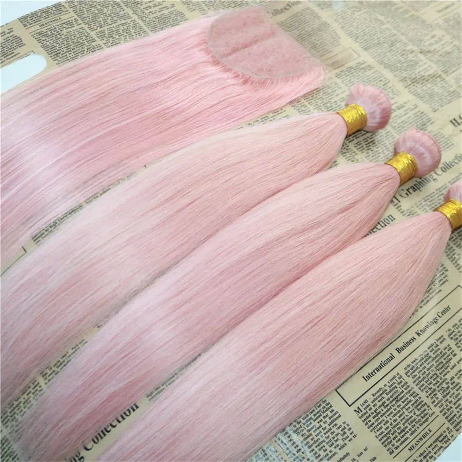 Rosa Menschenhaar-Bündel mit Spitze-Schließung Malaysische Jungfrau-Menschenhaar-Einschlagfäden mit rosa Spitze-Schließung gebleichte Knoten-freies Einkaufen