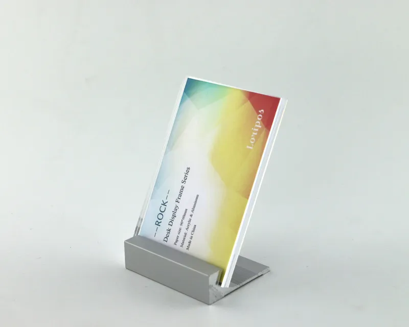 30 st 90 * 60mm Prislapp Logo Desk Sign Aluminium Metal Stand Namn Kort Display Frame Table Stand Picture Case Photo Stand Acrylic Frame