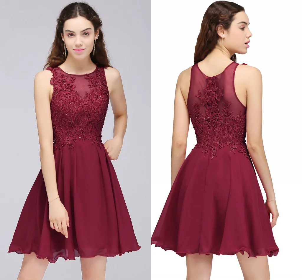 Wine Red Lace Beaded A Line Homecoming Dresses Short Chiffon Cocktail Party Dresses For Young Girls Jewel Neck Cheap Homecoming Gowns CPS707