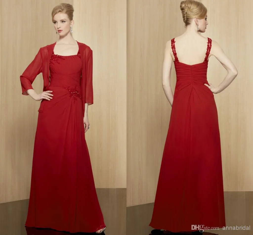 Red Long Madre de los vestidos de novia / novio con chaqueta / bolero gasa espaguetis elegantes pliegues elegantes lentejuelas con cuentas mujeres vestido de noche formal 2021