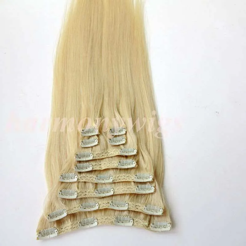 160G 10 stks / set Clip in haarverlenging Menselijk Haar # 613 / Bleach Blonde 20 22 inch rechte Braziliaanse haarextensies