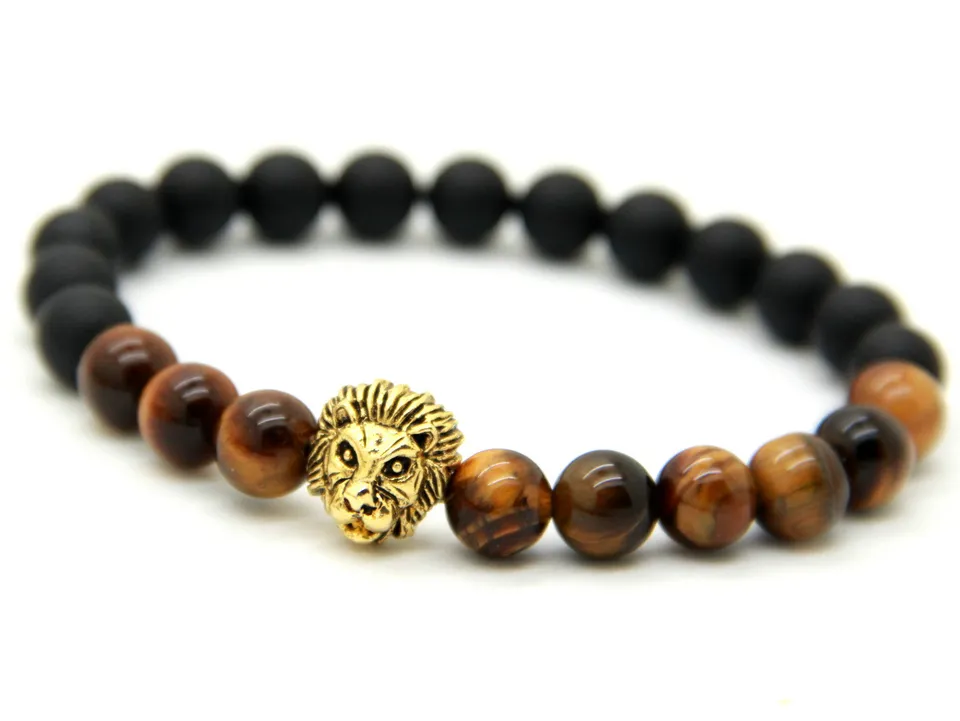 New Design Mens Bracelets Wholesale 8mm Natural Tiger Eye and Matte Agate Stone Beads Gold Lion Head Bracelets, Party Gift