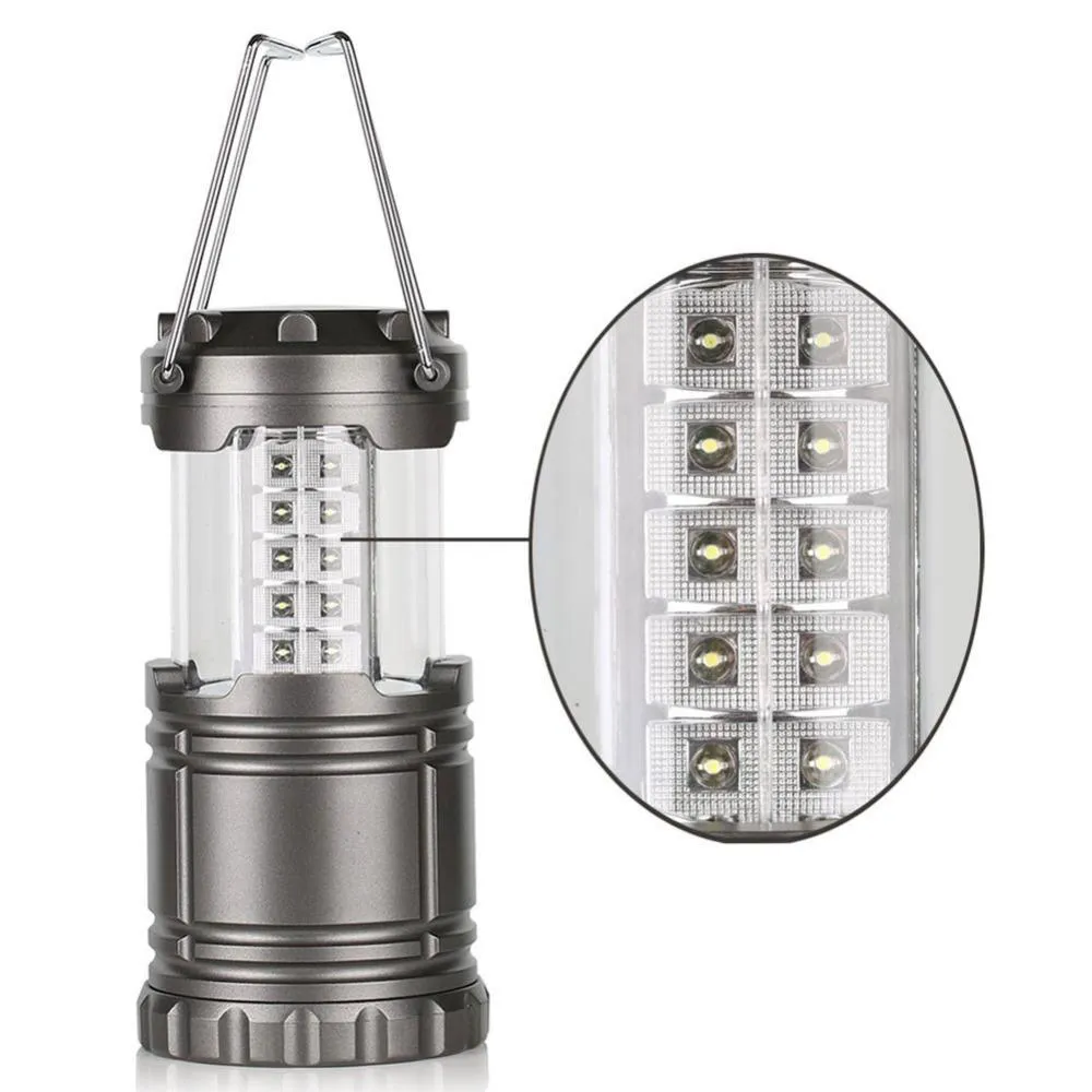 Lanterne de Camping légère et Super lumineuse à 30 LED, noir et gris, lumières portables d'extérieur, lampe d'éclairage de Camping résistante à l'eau