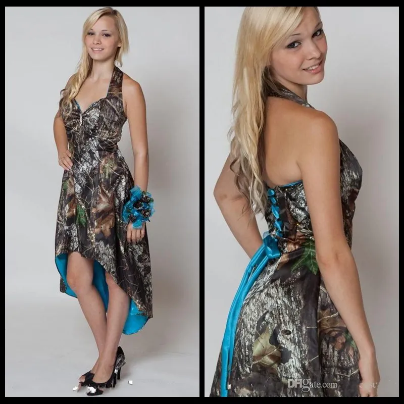 Blue Camo Bridesmaid платья 2017 Halter Hi Lo Camo Короткие передние длинные задние свадебные вечеринки платье камуфляж горничная честь платья