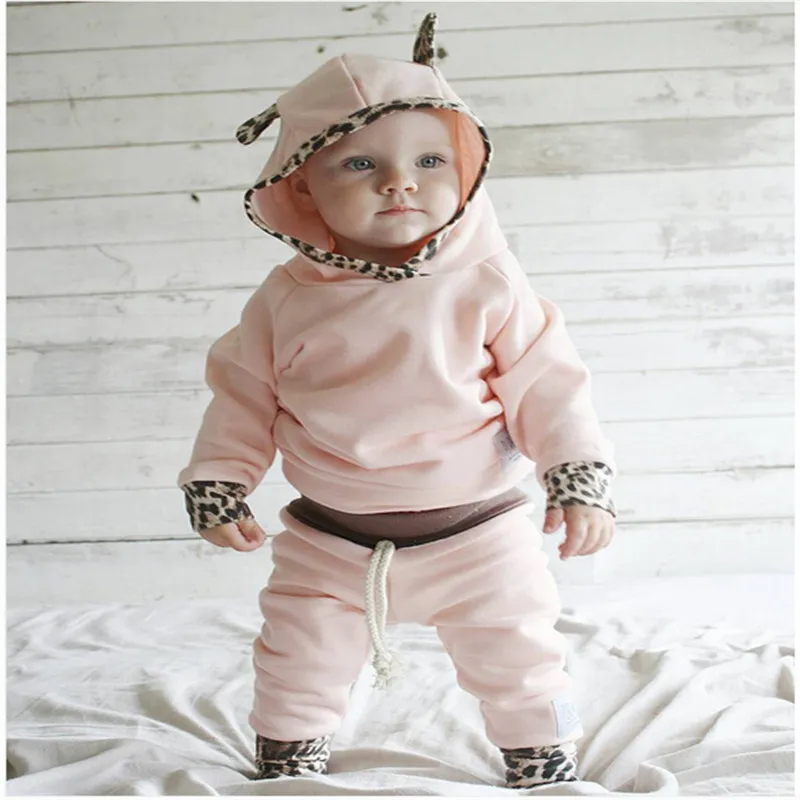 Baby peuter kleding pasgeboren baby meisje kleding set luipaard kant roze hoodie tops sweatshirt broek leggings 2 stks baby outfits set boutique