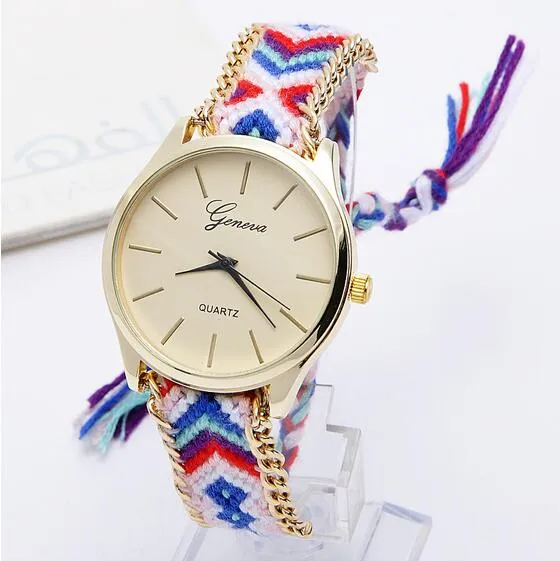 Geneva Handmade Braid Bracelet Watches Colorful Quartz Casual Wristwatch Cloth Woven Watch Gold Watches for Women
