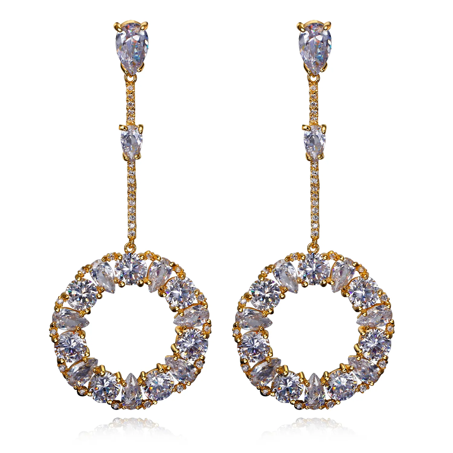 74 MM Long Earrings, 18K Gold plate Setting with Cubic Zirconia, Round Pendant Earrings