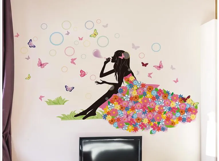 Flower Girl Butterfly Hem Dekal Fairies Vägg Klistermärkear Sovrum Sofa Bakgrund Inredning Tjejer Lady Room Fönster DIY Art