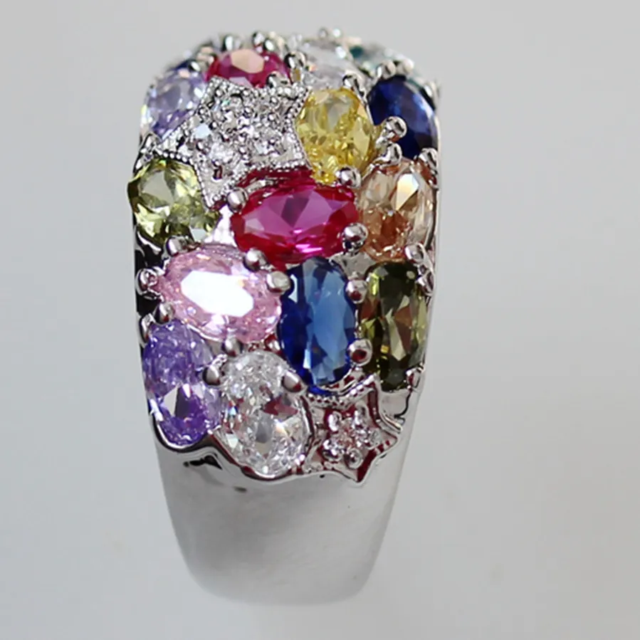 Bagues promotionnelles en cuivre plaqué rhodium MN373 sz # 6 7 8 9 Péridot rouge rose Morganite Bleu jaune Améthyste Cubic Zirconia Meilleures ventes préférées