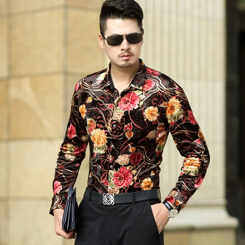 Großhandel - Neues Design 2016 Herbst Winter Herren Blumen Samt Hemden Männlich Langarm Blumen Gedruckt Gold Samt Kleid Hemd