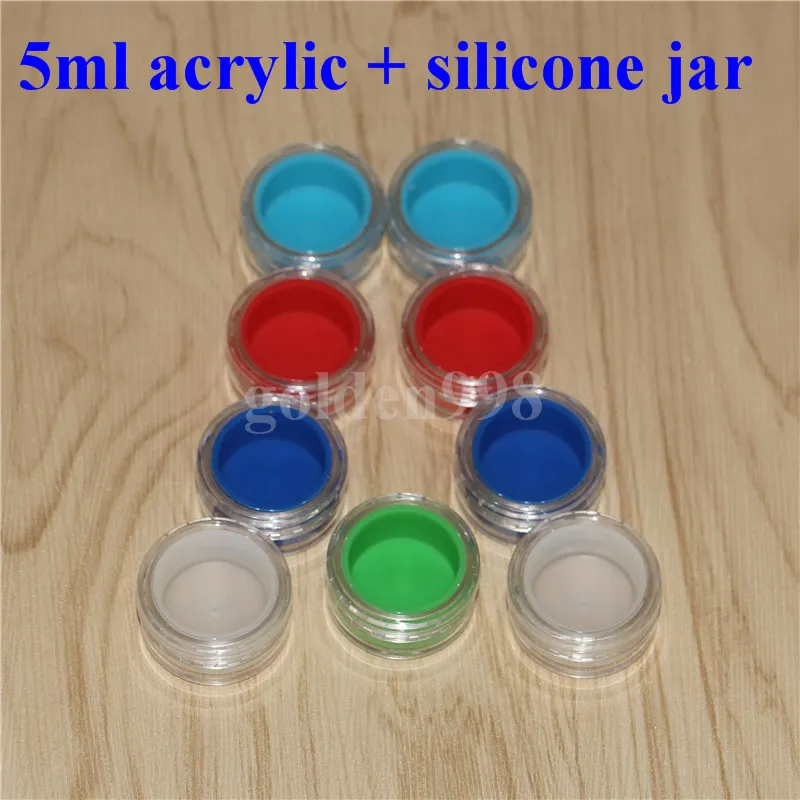 Nuovi contenitori rotondi in silicone da 5 ml con contenitore scudo in acrilico trasparente antiaderente cera d'olio dab barattoli chiazza di petrolio porta gel narghilè gratuito bong in vetro