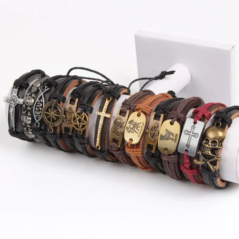 Band New Vintage Metal Leather Mens Womens Surfer Bracelet Cuff Wristband Mixed Style Alloy pendant Retro Jewelry Charm Bracelet