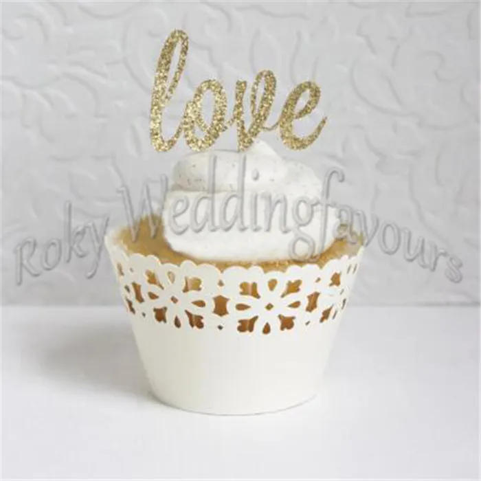 Freies Verschiffen Gold LIEBE Glitter Cupcake Picks Hochzeit Liefert Party Cupcake Picks Topper LIEBE Zahnstocher Gefälligkeiten Tisch Dekoration