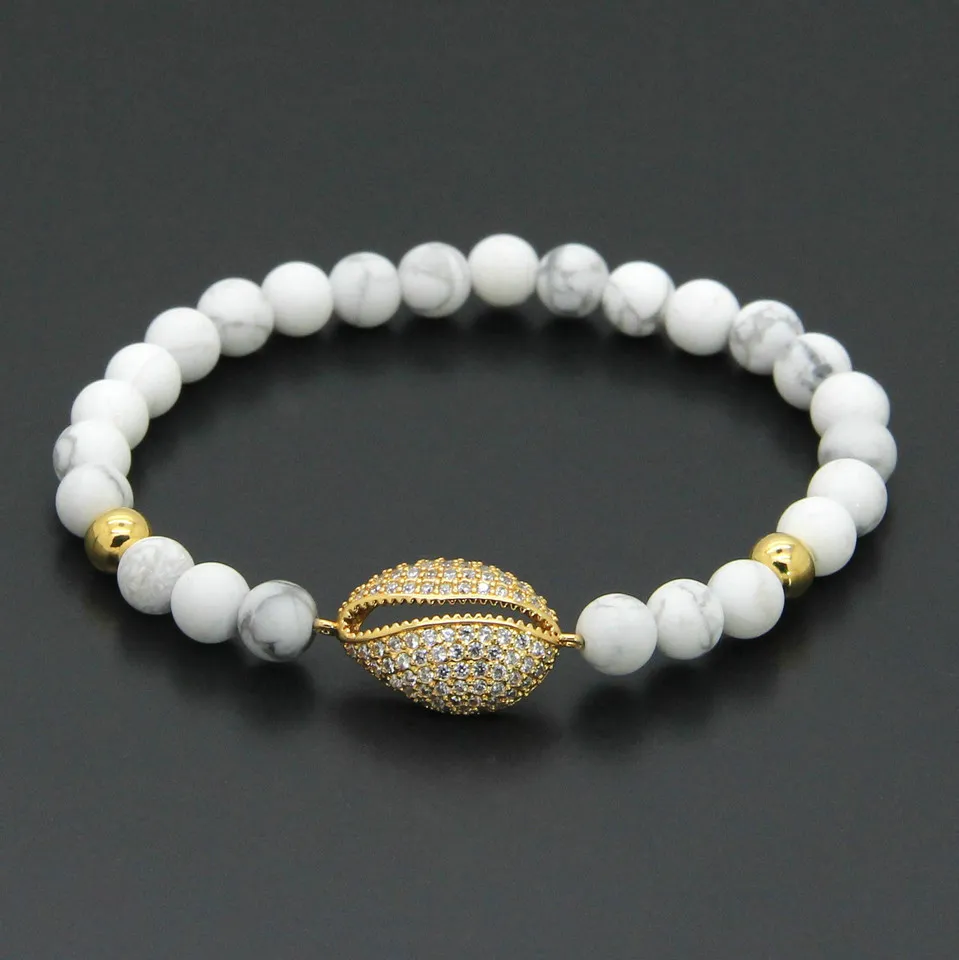 10 pièces/lot 6mm blanc Howlite pierre vénus attrape-mouche Micro pavé Piranha cubique zircone sur cuivre perles Cz Bracelets