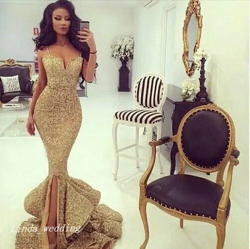 2019 gouden pailletten prom dress sexy zeemeermin spaghetti riemen speciale gelegenheid jurk formele avond feestjurk