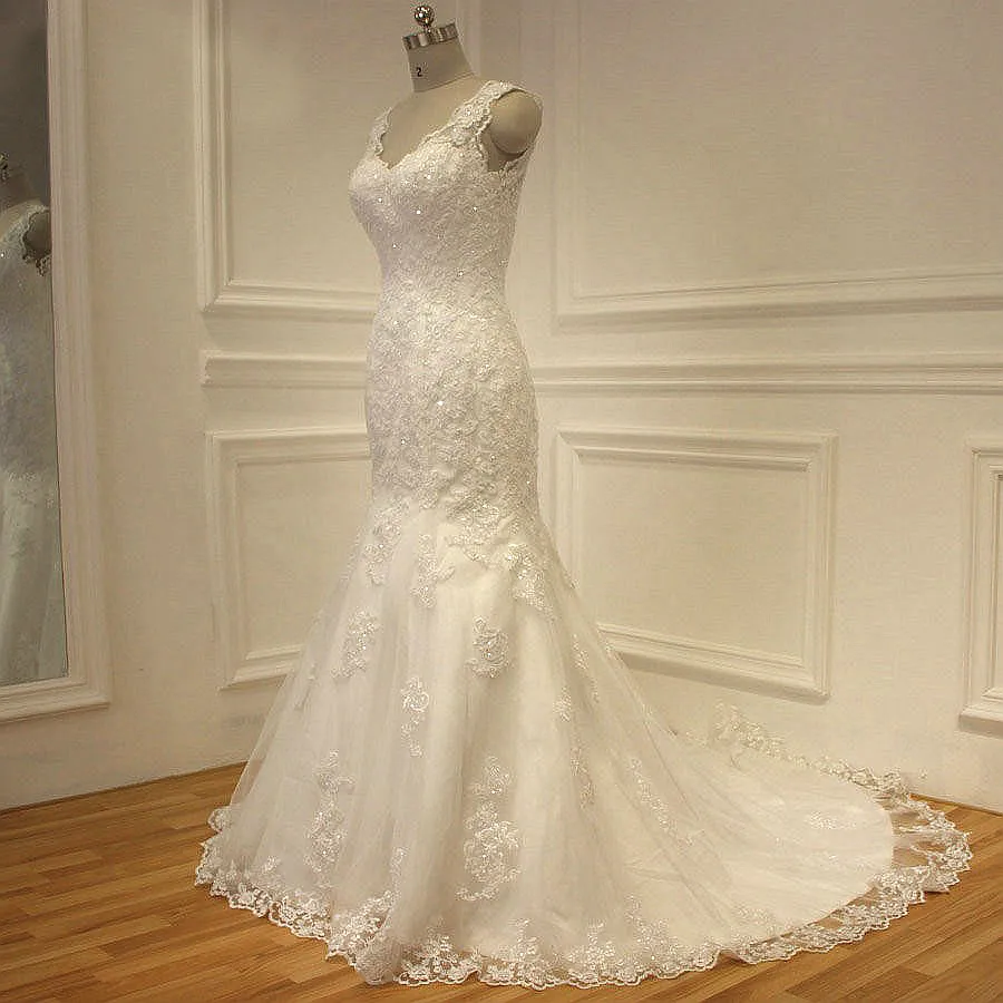 Lace fishtail wedding dress with Lace Appliques, Beaded V-neck, Low Back, Chapel Train, and Flare Skirt - Real Photo