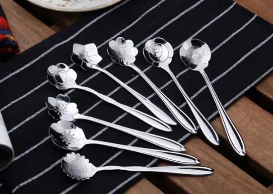 Tableware Flower Shape Sugar Stainless Steel Silver Tea Coffee Spoon Teaspoons Ice Cream Flatware Kitchen Tool