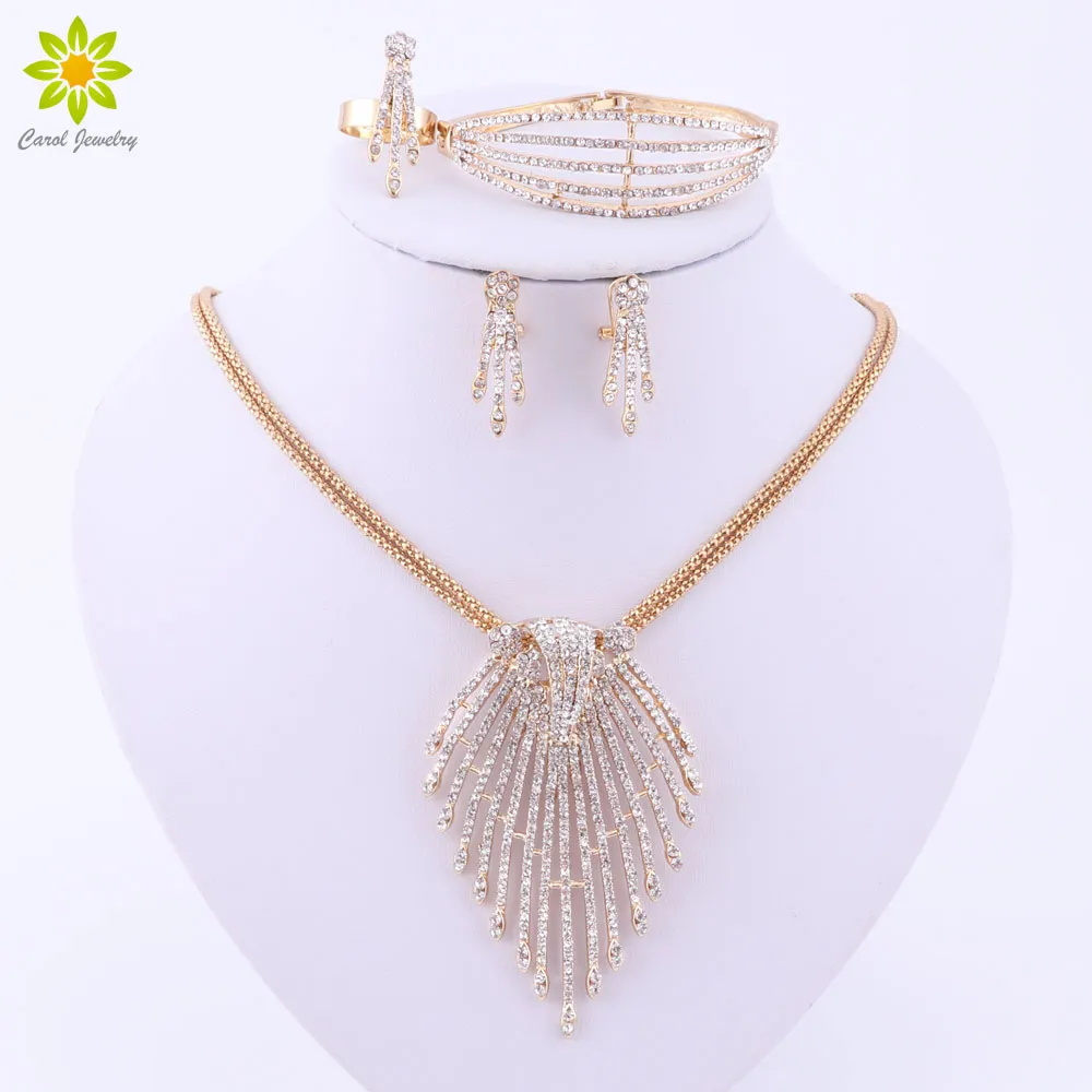 Smycken uppsättningar för kvinnor guld / silverpläterade tillbehör hängande uttalande afrikanska pärlor kristall halsband örhängen armband ring