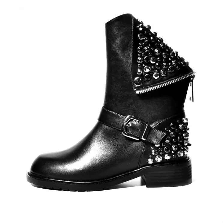 High Quality Genuine Leather Boots Rivets Square Heels Autumn Winter ...