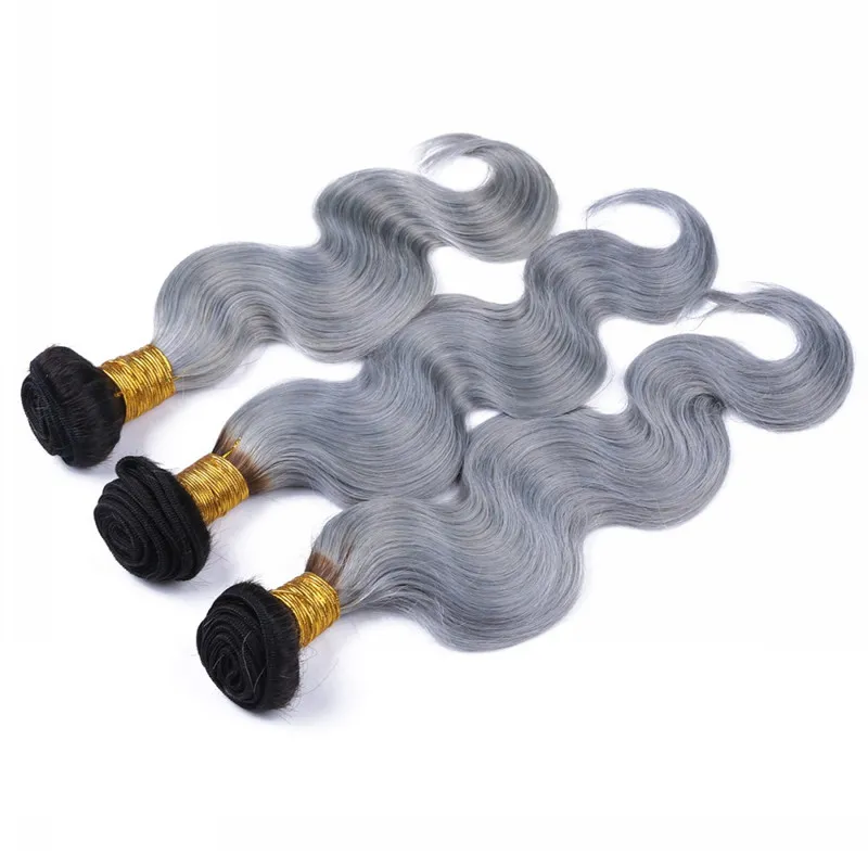 Brazilian Silver Grey Ombre Human Hair Weaves with Top Closure Body Wave 2Tone 1B/Grey Ombre 4x4 Lace Closure with 3Bundles 