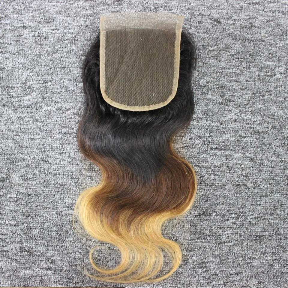 3 bundles with closure 1b/4/27 brazilian human hair 3 tone ombre brown blonde hair extensions hair weave bundles with closure