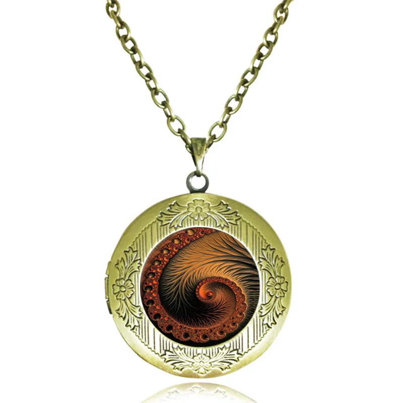 Spiral Locket Necklace Flourish Swirls Fibonacci Shell Pendant Sacred Geometry Golden Ratio Jewelry Glass Cabochon Antique Lockets Necklaces