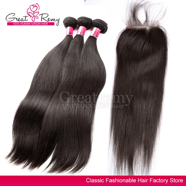 Goedkope Straight Hair Weave Indian Hair Silk Base Closures Indian Temple Virgin Hair 2 Bundels met Zijde Base Free Deel Closure Greatremy