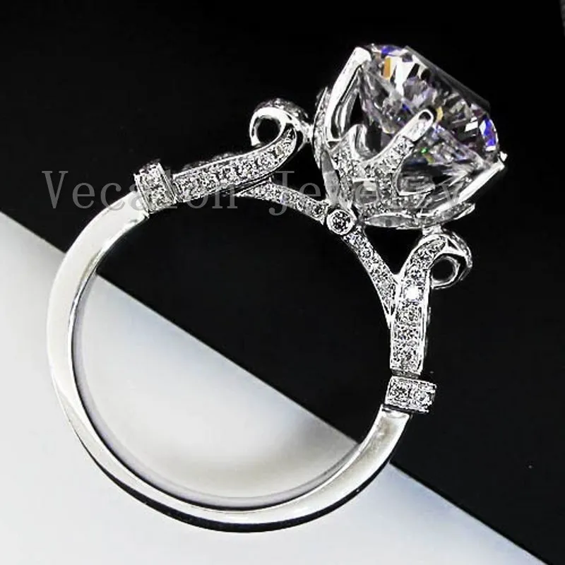 Vecalon fashion korona obrączka dla kobiet okrągły krój 3ct imitacja diamentu Cz 925 Sterling Silver kobieta obrączka zaręczynowa