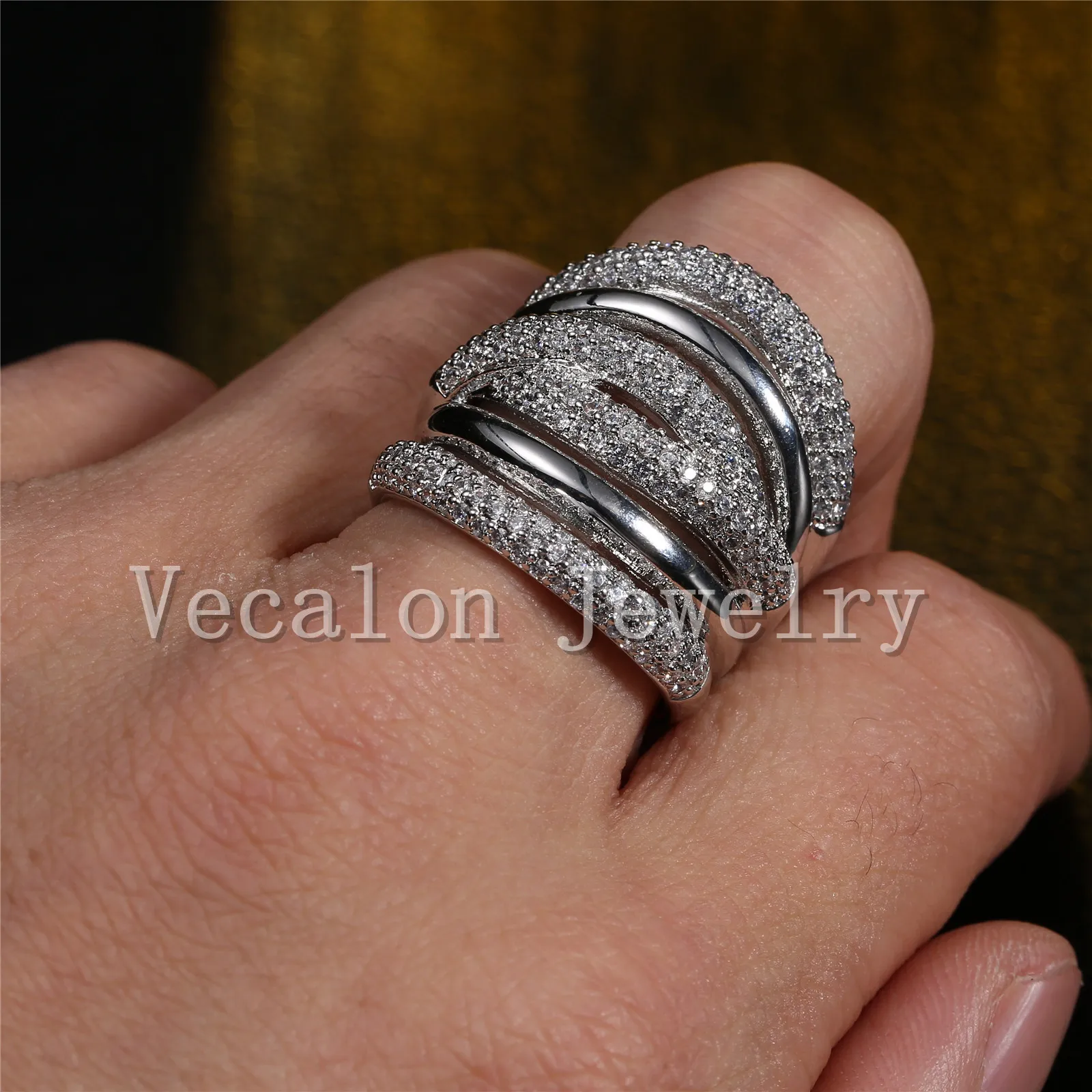 Vecalon pavimentar topázio simulado diamante cz anel de casamento de noivado de cruz para mulheres 14kt ouro branco cheia anel de banda fêmea