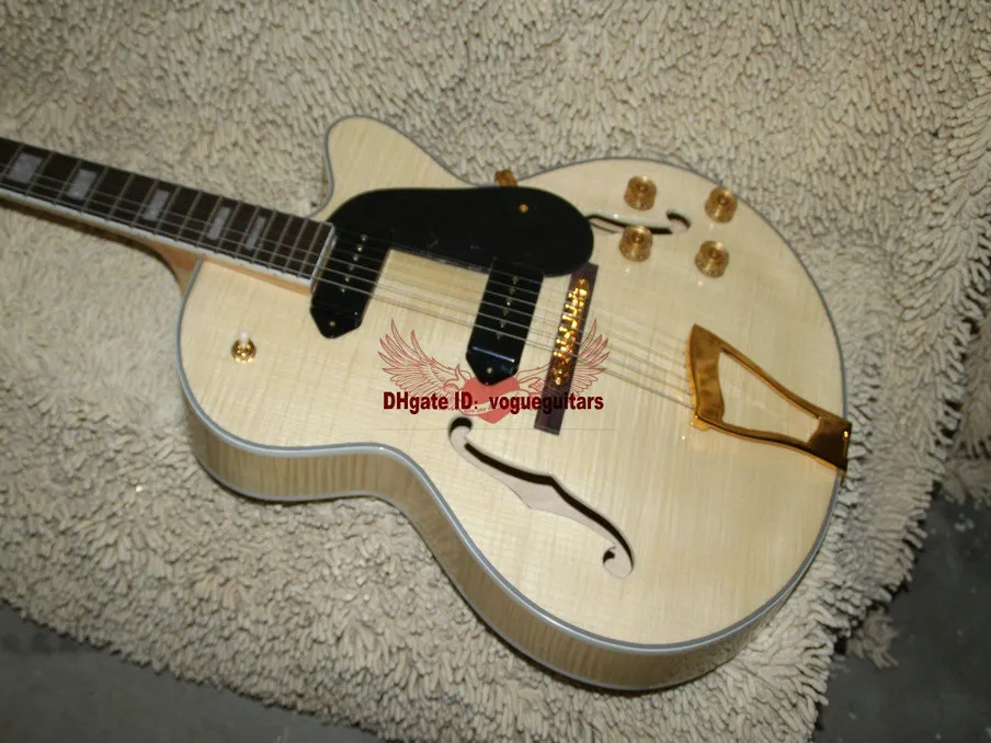 Ganze Gitarren Top -Qualität Custom P90 Pickup Jazz Semi Hollow Natural Holz Gitarre 6331375