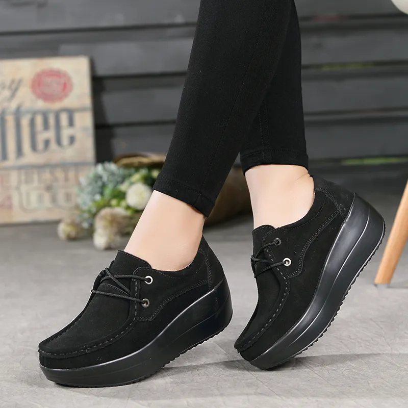 2017 Autumn women flats shoes thick soled high platform shoes leather suede ladies casual shoes lace up flats creepers