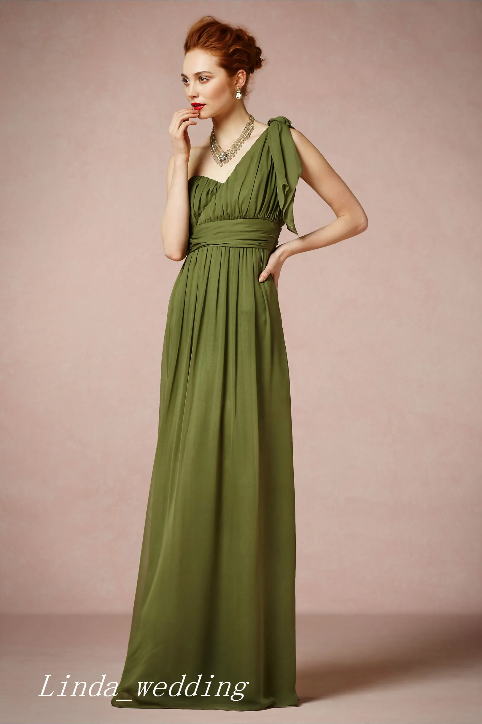 Olive Green Bridesmaid Dress Modest One Shoulder Chiffon Wedding Party Gown Formal Maid of Honor Dress