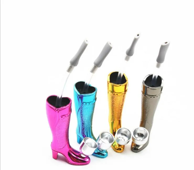 Neueste hohe Schuhe Stiefel Form Tabakpfeife Hand Zigarette Rauchen Wasserbongs mit Metallschüssel 4 Farben 73mm Höhe Zubehör Werkzeuge