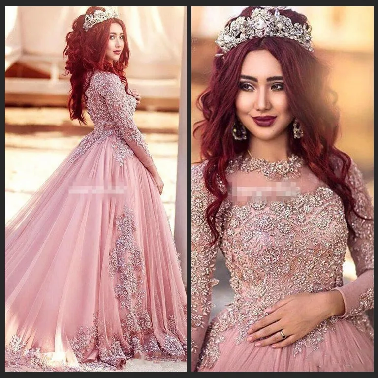 Ball Gown Long Sleeves Prom Dresses Princess Muslim Evening Party Gowns With Beads Red Carpet Runway Dresses Custom Made