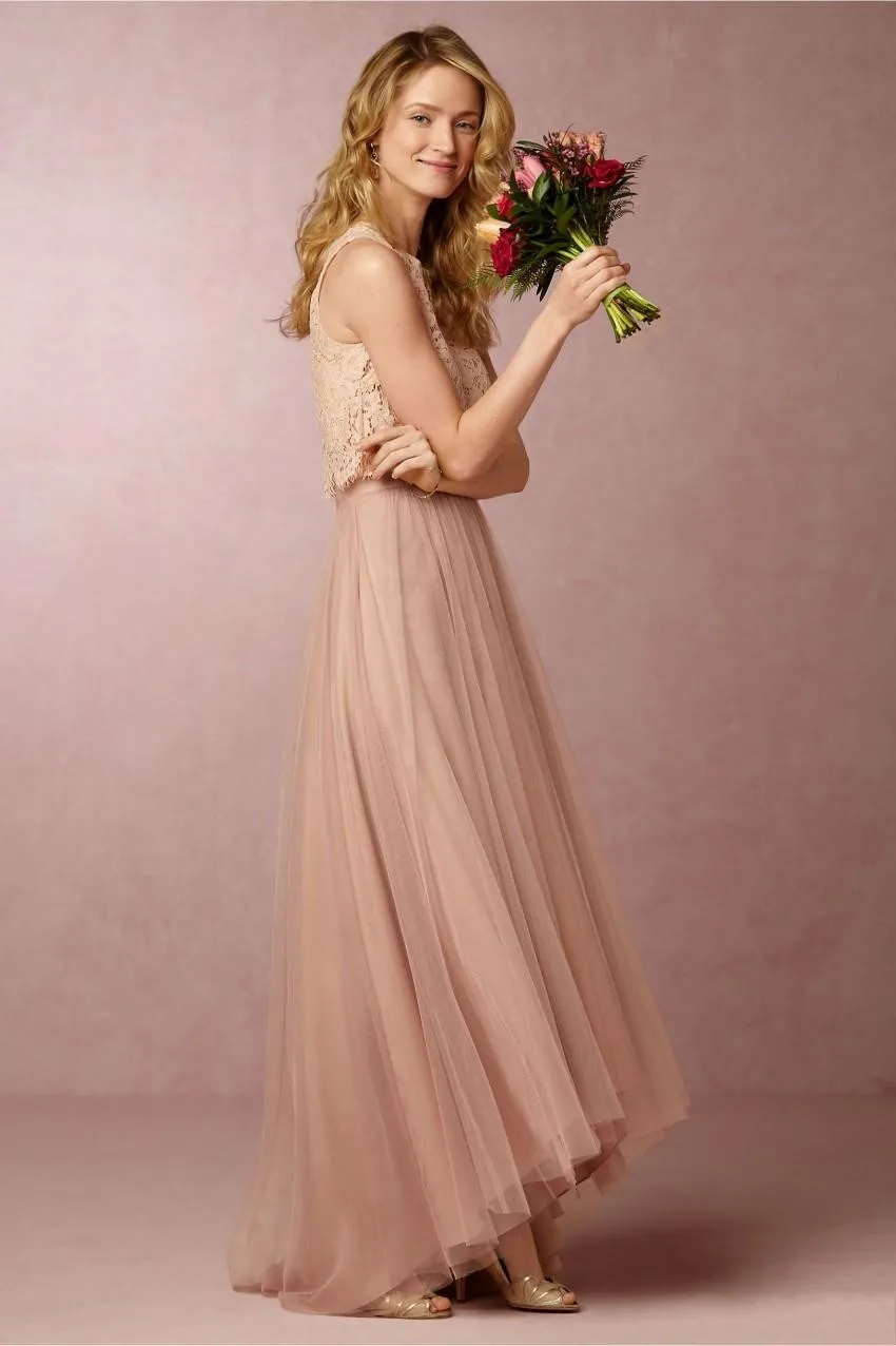 2020 Vintage Blush Różowy Dwa Kawałki Druhna Suknie Koronki Crop Wysokiej Niskiej Plaży Druhna Dresses Wedding Party Suknie Custom Made