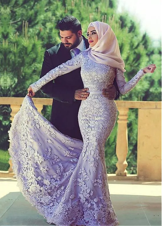 Apliques de encaje Sirena Vestidos de novia Elegantes mangas largas de tul Con cuentas Vestidos de novia largos Vestidos de boda islámicos árabes con velos