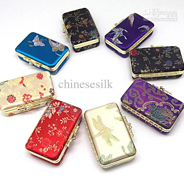 Portable Small Travel Rectangle Jewelry Carrying Storage Case with Mirror Gift Box Metal Clip Silk Brocade Floral Cloth Craft Pack9379355