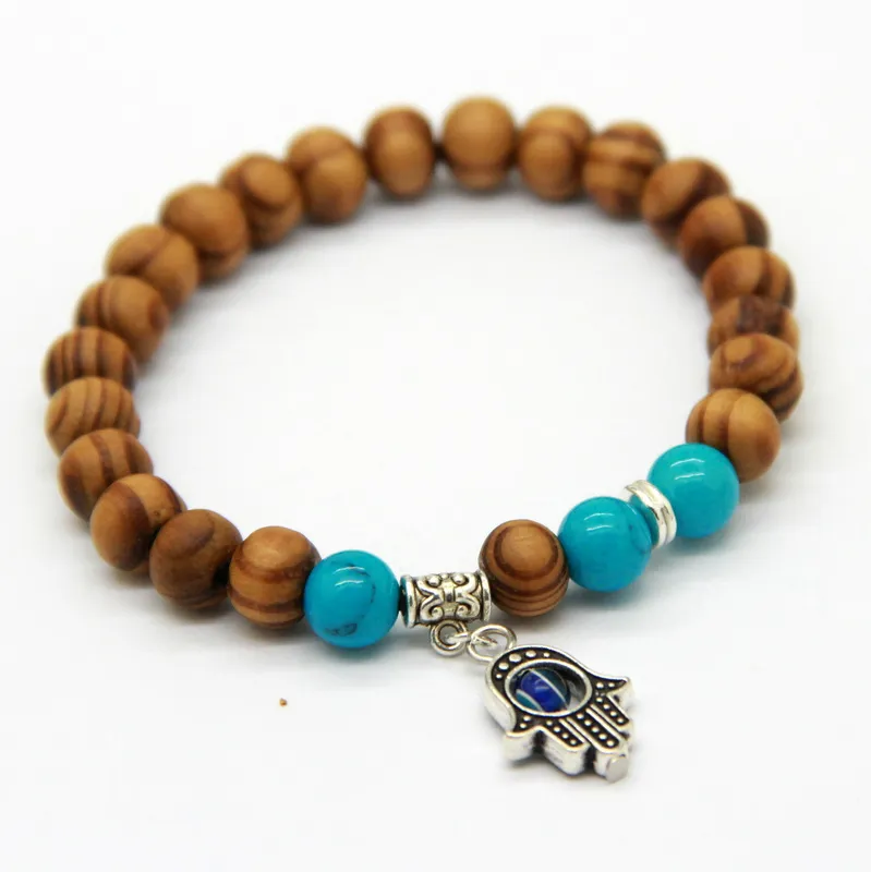 Neue Produkte Ganze Qualität 8mm Perlen Holz Perlen Fatima Hand Hamsa Günstige Armbänder Neue OM Yoga Jewelry206M