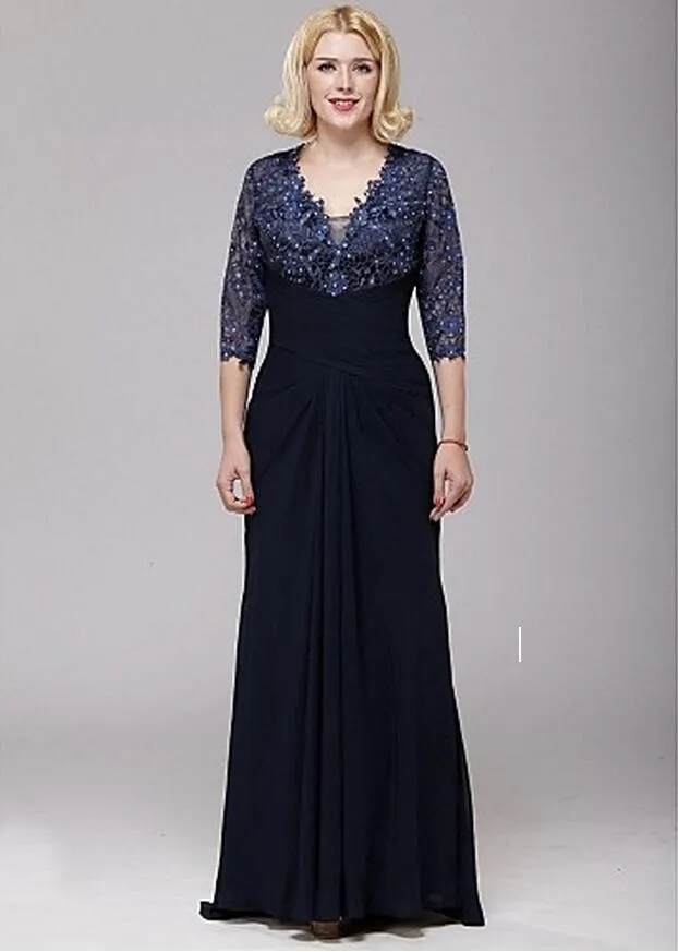 Sexy V-neck A-line Lace and Chiffon Mother of the Bride Dress 3/4 Sleeve Floor Length Evening Party Dress